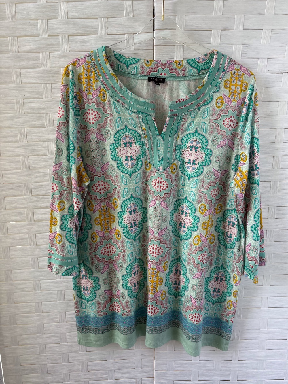 Talbots‎ 1X Medallion Print Split Neck 3/4 Sleeve Tunic Soft Pima Cotton Blend